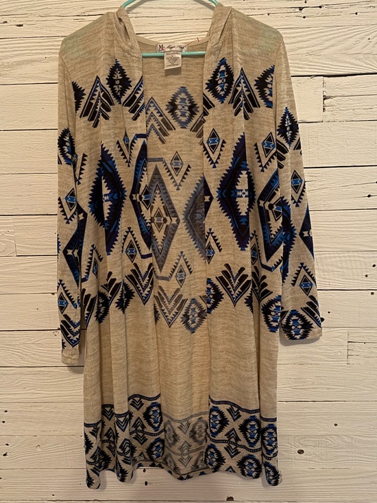 Maggie Sweet Tops - Aztec Print Open Front Cardigan Hooded Women Top - Beige and Blue Relaxed